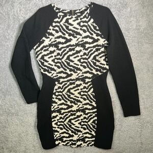 H&M Black White Zebra Print Bodycon Dress Women's Size 12 Long Sleeve‎ Mini